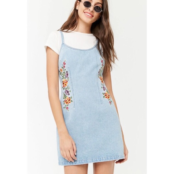 denim dress with embroidered flowers